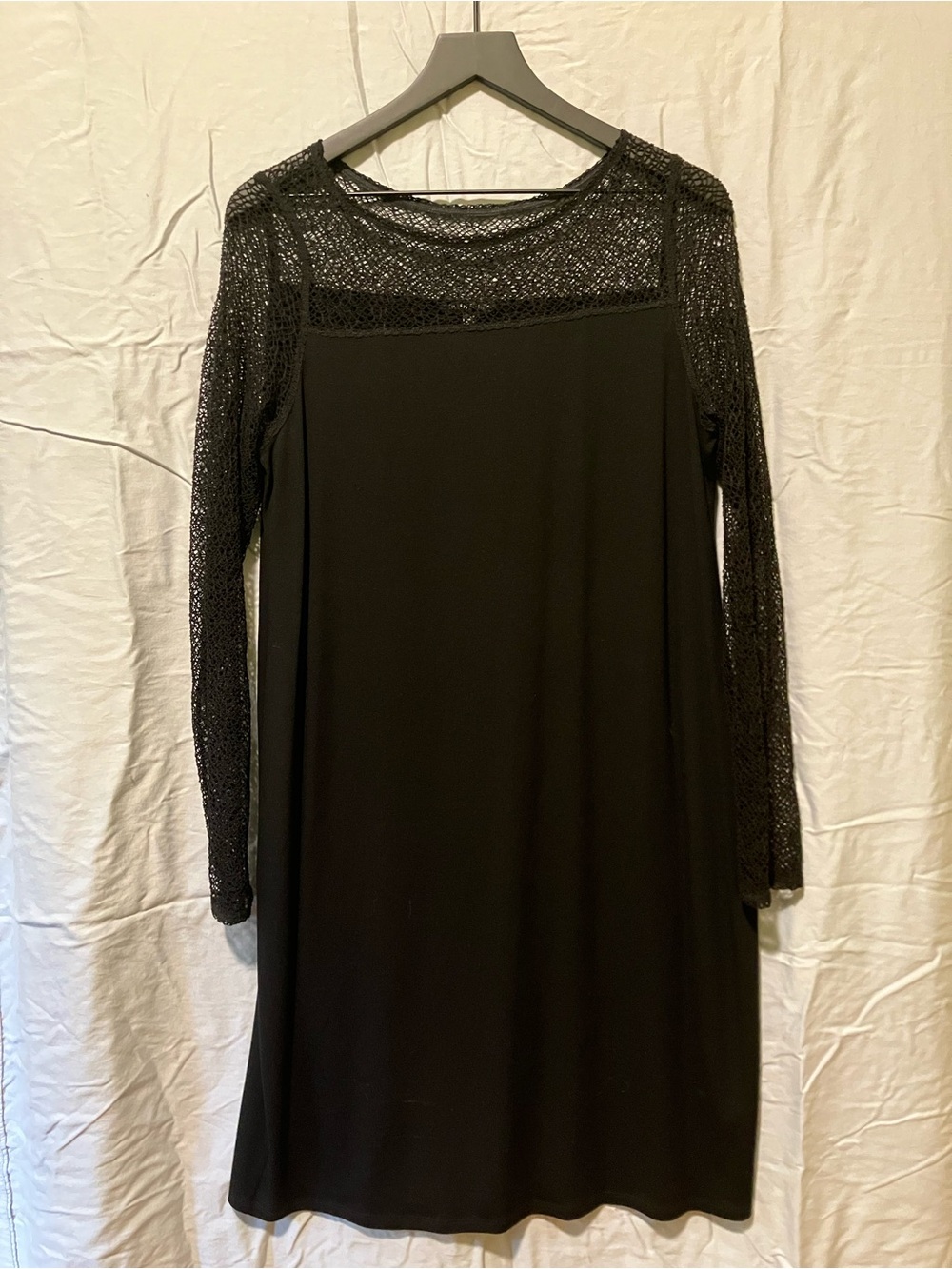 Eileen Fisher Black Long-Sleeve Knit Mesh Yoke Dress